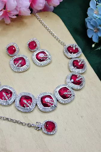 Pink rhodium premium designer american diamond and stone work necklace set