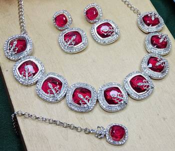 Pink rhodium premium designer american diamond and stone work necklace set 3