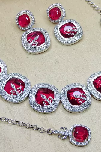 Pink rhodium premium designer american diamond and stone work necklace set