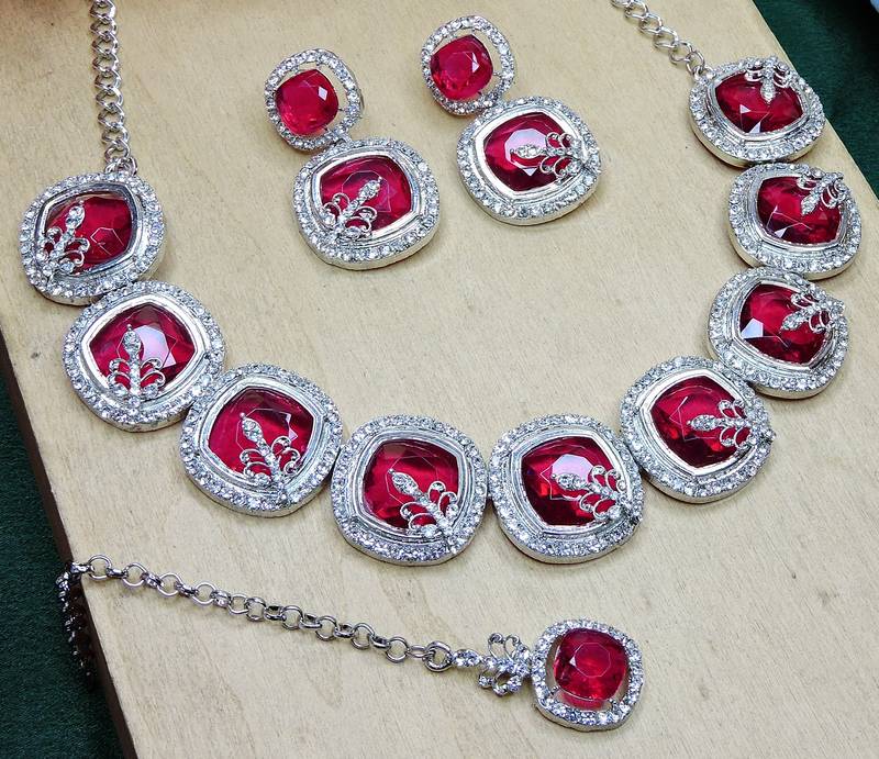 Pink rhodium premium designer american diamond and stone work necklace set