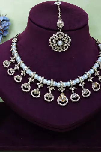 Gold yellow gold premium designer american diamond and stone work necklace set
