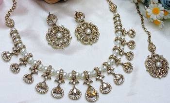 Gold yellow gold premium designer american diamond and stone work necklace set 2