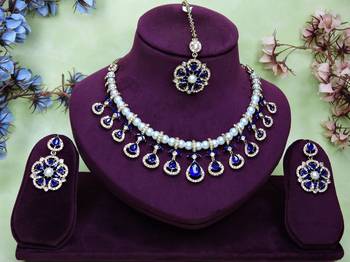 Blue yellow gold premium designer american diamond and stone work necklace set 1