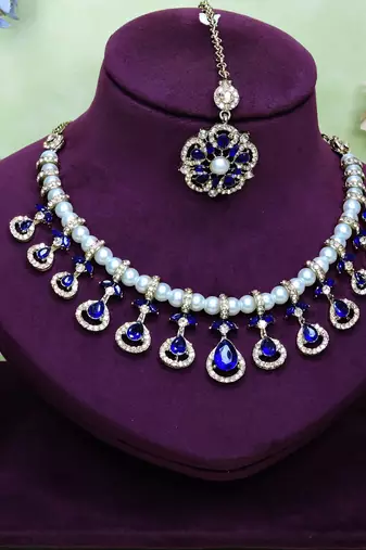 Blue yellow gold premium designer american diamond and stone work necklace set
