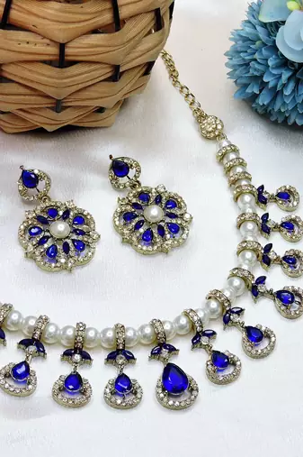 Blue yellow gold premium designer american diamond and stone work necklace set