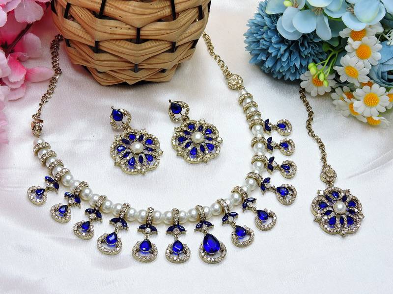 Blue yellow gold premium designer american diamond and stone work necklace set