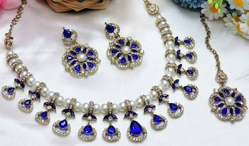 Blue yellow gold premium designer american diamond and stone work necklace set 3