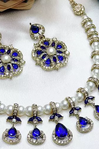 Blue yellow gold premium designer american diamond and stone work necklace set