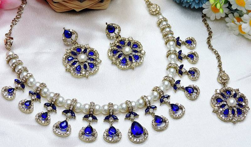 Blue yellow gold premium designer american diamond and stone work necklace set