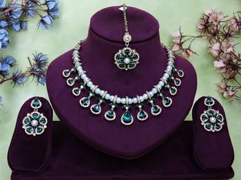 Green yellow gold premium designer american diamond and stone work necklace set 1