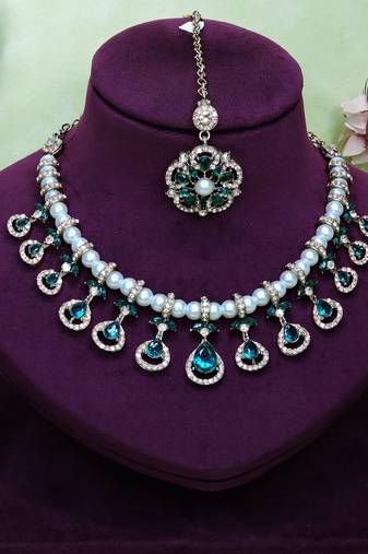 Green yellow gold premium designer american diamond and stone work necklace set