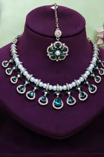 Green yellow gold premium designer american diamond and stone work necklace set