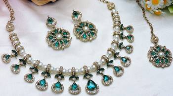 Green yellow gold premium designer american diamond and stone work necklace set 2