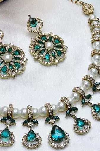 Green yellow gold premium designer american diamond and stone work necklace set