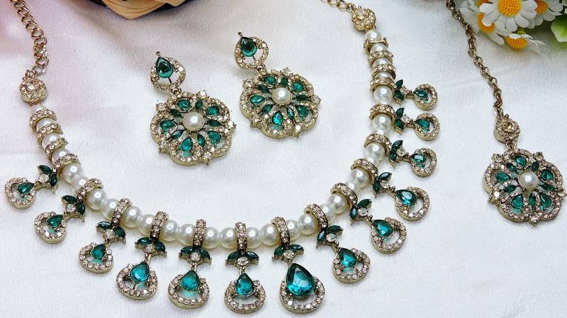 Green yellow gold premium designer american diamond and stone work necklace set