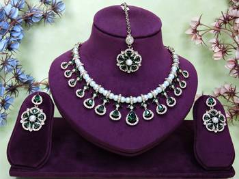 Green yellow gold premium designer american diamond and stone work necklace set 1