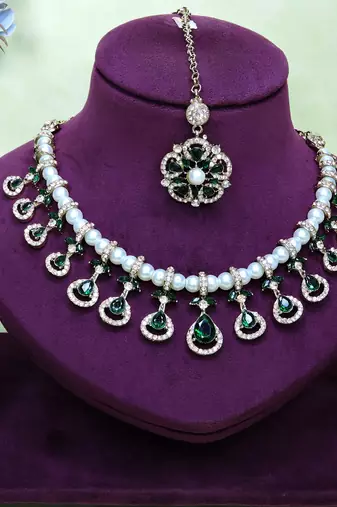 Green yellow gold premium designer american diamond and stone work necklace set