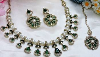 Green yellow gold premium designer american diamond and stone work necklace set 2