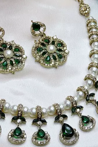 Green yellow gold premium designer american diamond and stone work necklace set