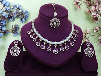 Purple yellow gold premium designer american diamond and stone work necklace set 1