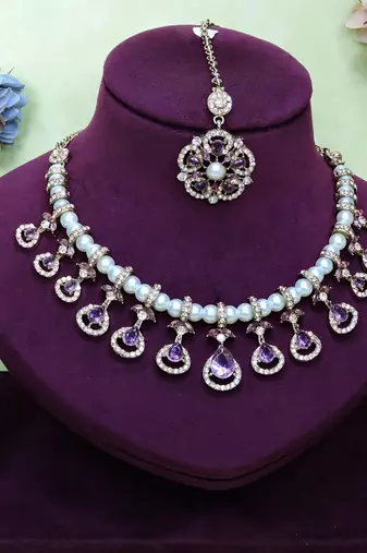 Purple yellow gold premium designer american diamond and stone work necklace set
