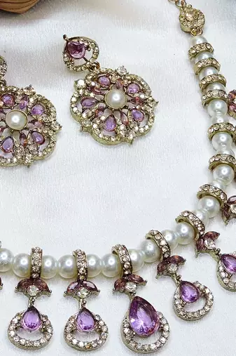 Purple yellow gold premium designer american diamond and stone work necklace set