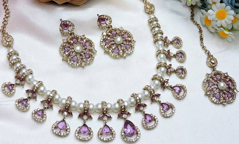 Purple yellow gold premium designer american diamond and stone work necklace set