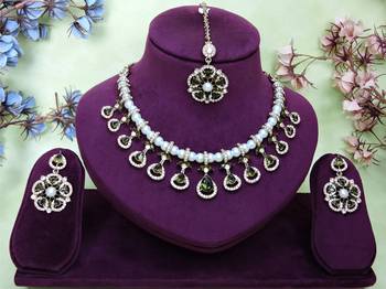 Green yellow gold premium designer american diamond and stone work necklace set 1