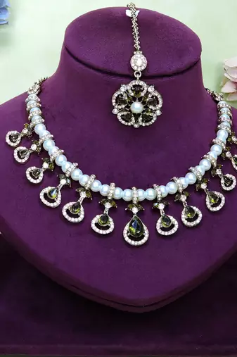 Green yellow gold premium designer american diamond and stone work necklace set