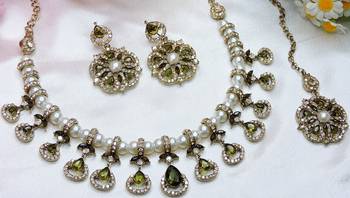 Green yellow gold premium designer american diamond and stone work necklace set 2