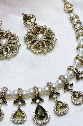 Green yellow gold premium designer american diamond and stone work necklace set