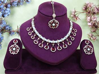 Maroon yellow gold premium designer american diamond and stone work necklace set 1