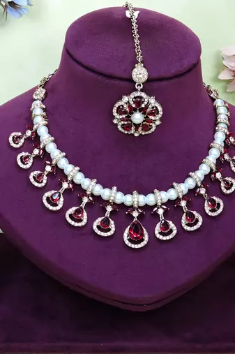 Maroon yellow gold premium designer american diamond and stone work necklace set