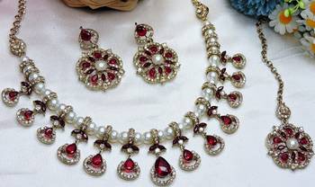Maroon yellow gold premium designer american diamond and stone work necklace set 2