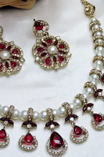 Maroon yellow gold premium designer american diamond and stone work necklace set