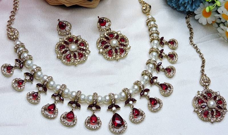 Maroon yellow gold premium designer american diamond and stone work necklace set
