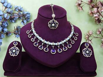 Blue yellow gold premium designer american diamond and stone work necklace set 1
