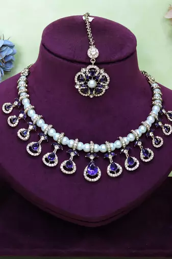 Blue yellow gold premium designer american diamond and stone work necklace set