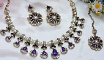 Blue yellow gold premium designer american diamond and stone work necklace set 2