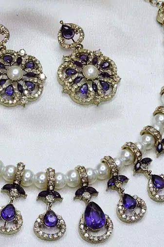 Blue yellow gold premium designer american diamond and stone work necklace set