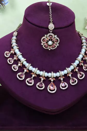 Pink yellow gold premium designer american diamond and stone work necklace set