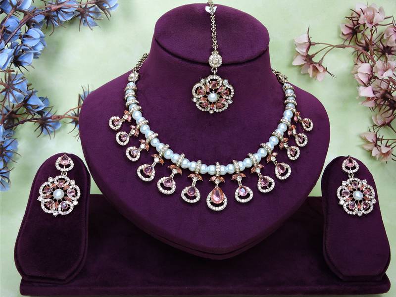 Pink yellow gold premium designer american diamond and stone work necklace set