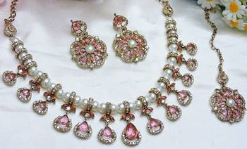 Pink yellow gold premium designer american diamond and stone work necklace set 2