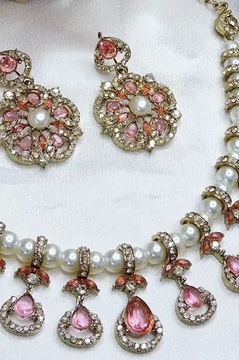 Pink yellow gold premium designer american diamond and stone work necklace set
