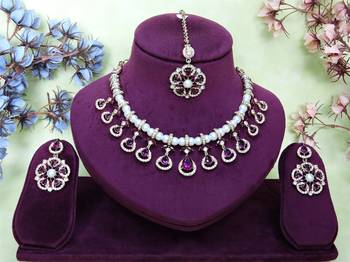 Purple yellow gold premium designer american diamond and stone work necklace set 1