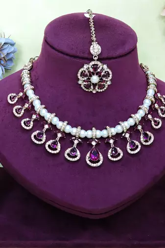 Purple yellow gold premium designer american diamond and stone work necklace set