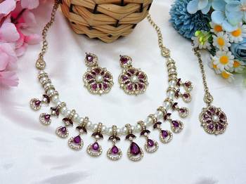 Purple yellow gold premium designer american diamond and stone work necklace set 2