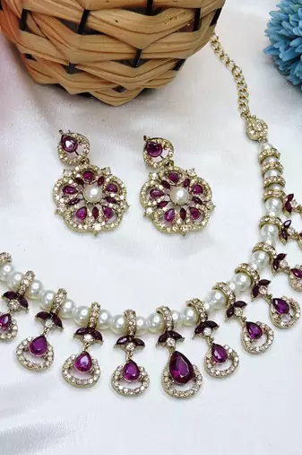 Purple yellow gold premium designer american diamond and stone work necklace set