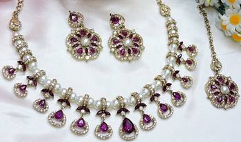 Purple yellow gold premium designer american diamond and stone work necklace set 3