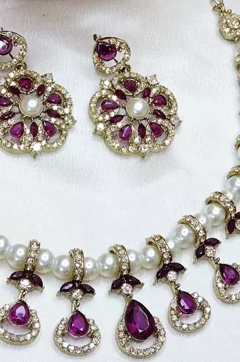Purple yellow gold premium designer american diamond and stone work necklace set